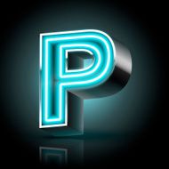 3d blue neon light letter P