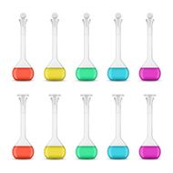 Laboratory volumetric flasks with solution