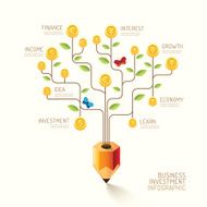 Infographic business pencil tree and coins flat line idea