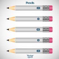 Set gray wooden detailed smooth pencils with eraser isolated