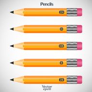 Set wooden detailed pencils with eraser isolated