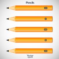 Set yellow wooden detailed pencils isolated on gray background