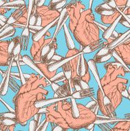 Sketch human heart fork anf spoon in vintage style