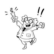 Happy professor with a chemical flask in his hand