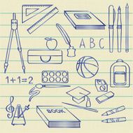 Hand drawn school related symbols on lined paper background N2