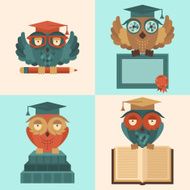 Owls in graduation caps set flat N2