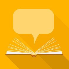 open paper book with speech clouds in flat design style