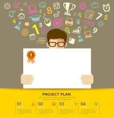 Business plan white paper in hands man with colorful business icons