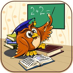 owl teacher in school classroom with pointer at blackboard expla