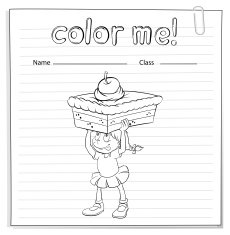 Coloring worksheet with a girl carrying cake
