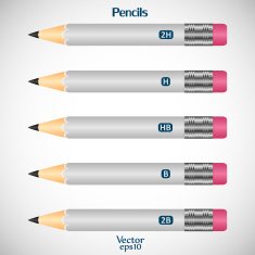 Set gray wooden detailed smooth pencils with eraser isolated