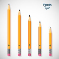 Set various detailed sharpened of realistic pencils with eraser isolated