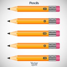 Set wooden detailed pencils with eraser isolated