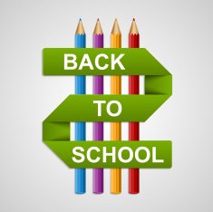 Colorful pencils with text back to school on paper ribbon