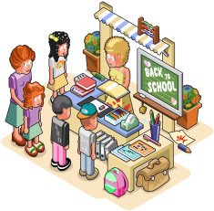 Schoolkids standing at a stationery store with shop assistant