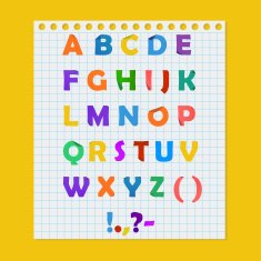 Complete colorful paper alphabet on a yellow