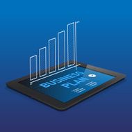Black tablet with abstract BUSINESS PLAN graphics on display