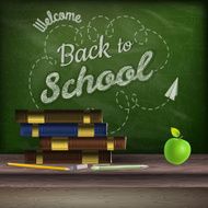 School books and apple against blackboard EPS 10