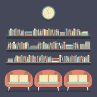 Flat Design Reading Seats and Bookshelves Vector Illustration