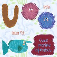 Sea very cute Alphabet marine set in vector U letter Urchin Uni N2