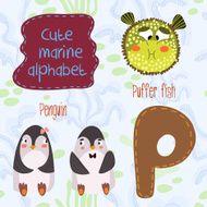 Sea very cute Alphabet marine set in vector P letter Penguin pu N2