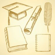 Sketch graduation hat book notebook feather pen and diploma s N2