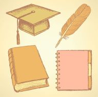 Sketch graduation cap feather notebook and book