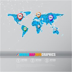World triangular blue map with tags points and location icons