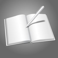 Blank white realistic vector opened book and pen writing on
