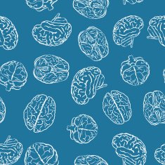 brains from different sides on blue seamless pattern
