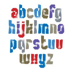 Multicolored handwritten lowercase letters vector doodle script