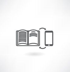 Smartphone with book in woman hands against green spring background
