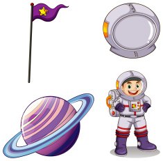 An astronaut a planet banner and helmet
