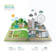 Infographic health care on book template design route to healthy