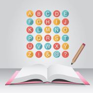 Flat alphabet with open book and pencil