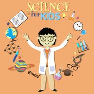 Science for kids Cartoon scientist collection of science symbols and N2