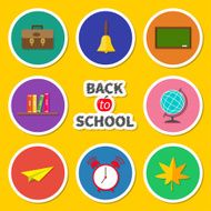 Back to school round icon set Yellow background Flat design N2