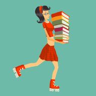 Student or schoolgirl with books on roller skates N2