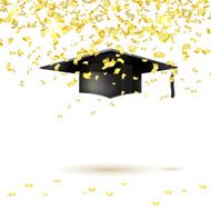 Graduate cap and golden confetti on a white background Vector