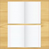 Sells and strips notebook paper sheets on wood table background