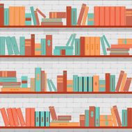 seamless pattern bookshelves books on the brick wall background