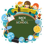 School Bus with Student and Education Icons Round Frame N2