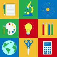 Nine colorful objects related to education