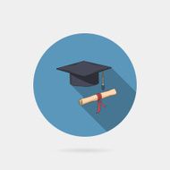 Vector icon of mortarboard or graduation cap and diploma