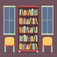 Flat Design Reading Seats and Bookcase Vector Illustration N2