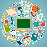 School tools and supplies on a blue background