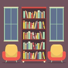 Flat Design Reading Seats and Bookcase Vector Illustration