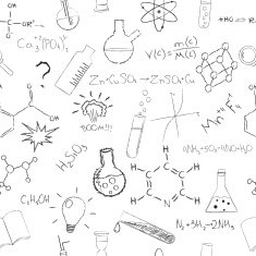 Chemistry formulas and flasks on white background Seamless pattern Vector N2