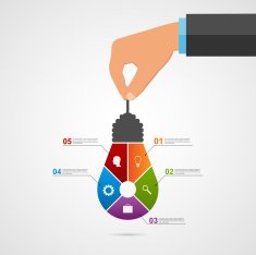 Abstract infographic with human hands holding light bulb banner
