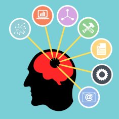 Abstract silhouette of a man's head with brain infographics